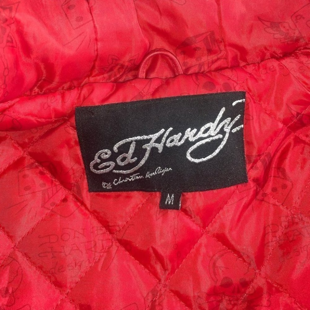 Ed Hardy Leather Jacket Women’s Size Medium Red‎  Y2K Vintage Hooded Authentic - Picture 8 of 12